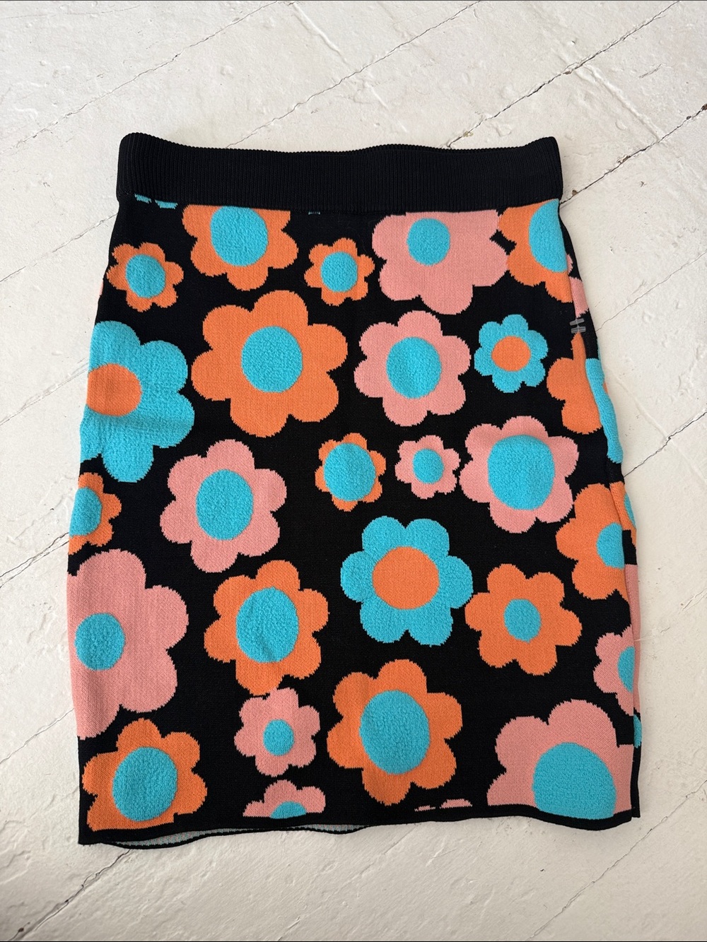 STAUD Black Floral Pencil Skirt with Pink, Orange & Blue Blooms, size XS